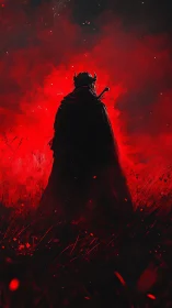 Dark horned warrior stands in blazing crimson smoke.