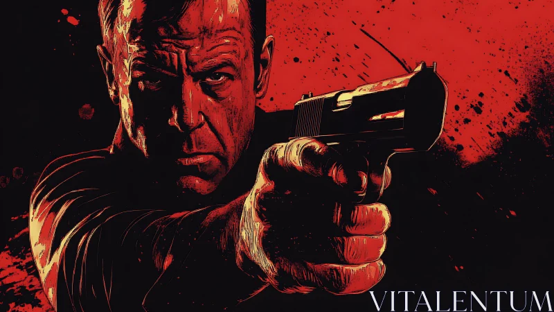 Bold action hero holds a gun in a dramatic red scene