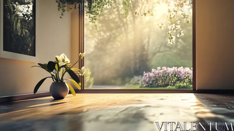 Interior floor view toward open garden doorway in sunlight.