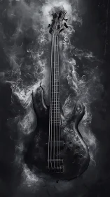Electric bass guitar rises through swirling smoke in monochrome