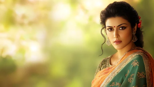 Elegant woman in saree bathed in soft golden garden light.