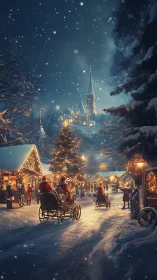 Snowy Christmas village glows under starlit winter sky.
