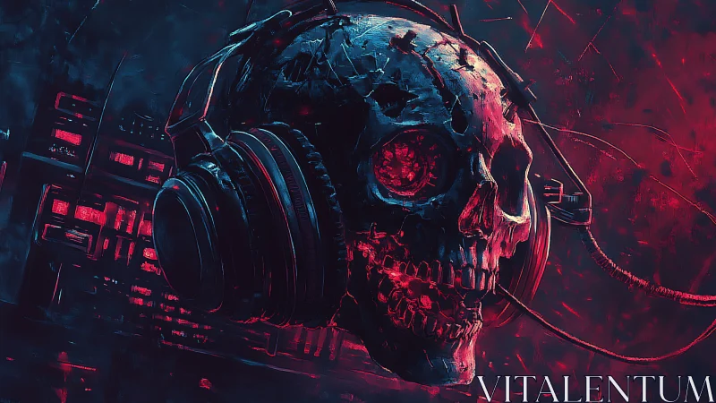 Human skull with headphones in red and blue digital scene.