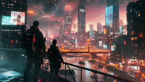 Cyberpunk scouts survey neon river megacity skyline.