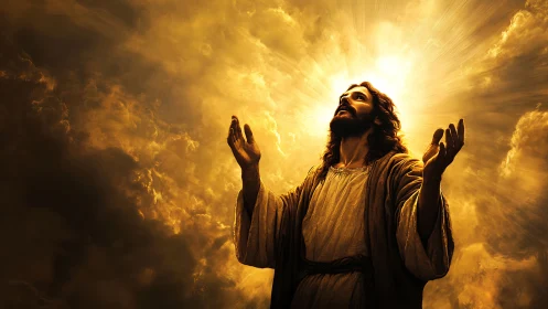 Radiant robed figure ascends amid blazing golden heavens.