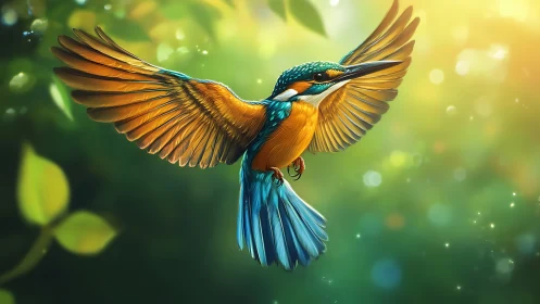 Vibrant Kingfisher in Flight Digital Art with Sunlit Background.