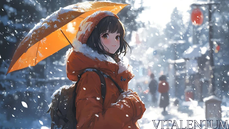 Warm-hearted girl with orange umbrella in gentle snowfall.