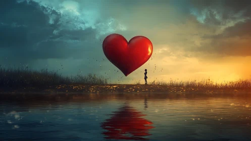 Solitary Figure Embracing Luminous Heart Against Tempestuous Sky.