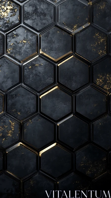 Dark hexagon grid with metallic gold geometric highlights.