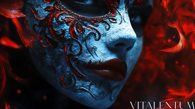 Masked face emerges in fiery red feathers and cool shadow.