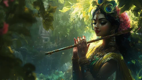 Forest muse leans into golden light and sings through flute