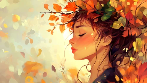 Autumn crowned woman breathes in warm, glowing stillness