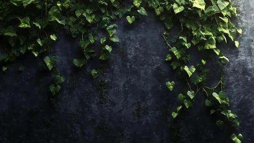 Ivy foliage cascading over textured shadowed concrete wall.