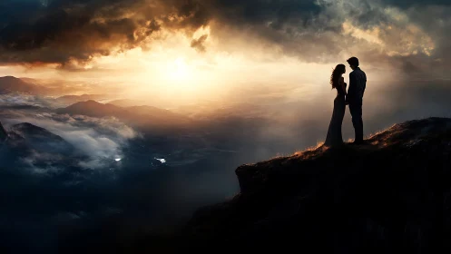 Silhouetted Couple on Rocky Outcrop Against Dramatic Golden Sunrise with Cloud Inversion