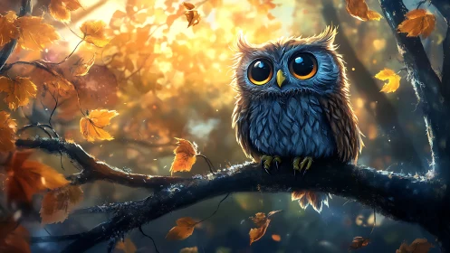 Cute Big-Eyed Owl on Autumn Branch, Whimsical Digital Art.