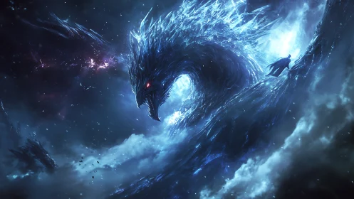 Celestial void dragon coils above lone cosmic wanderer.