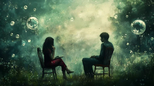 Two figures seated in chairs within stylized atmospheric environment with floating spheres.