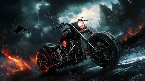 Midnight motorcycle roars through a stormy, fiery city.