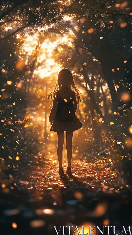 Backlit wanderer listens to autumn light whispering homeward