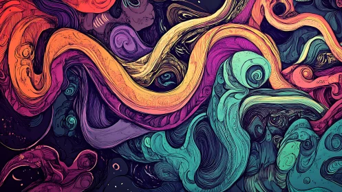 Neon ribbons twist through swirling abstract dreamscape.