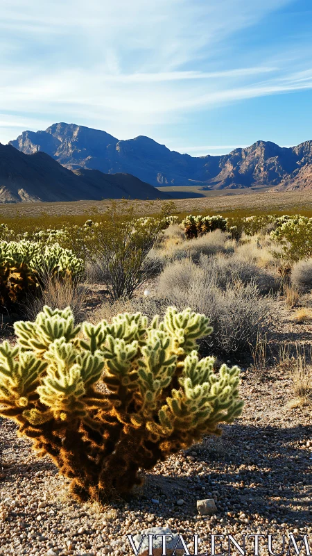 Sunlit desert cactus guarding rugged blue mountain horizons.
