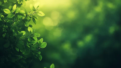 Sunlit Green Leaves in Soft Focus Nature Background Photography.
