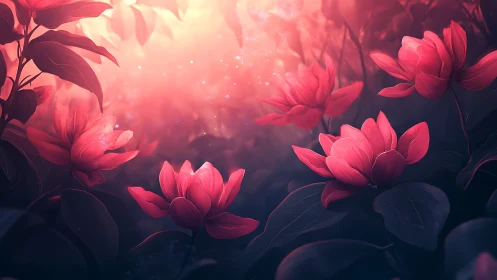 Red lotus flowers bloom through luminous mist and golden light.