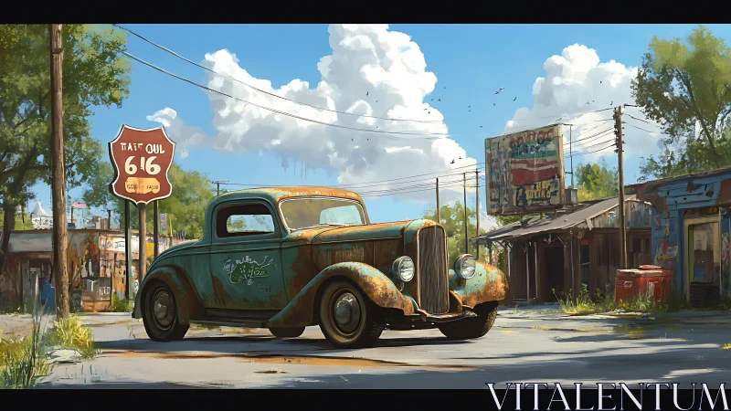 Rusty vintage coupe rests under bright summer roadside sky