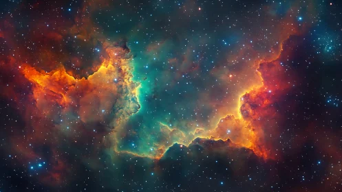 Nebula clouds blaze with teal and fiery orange light.