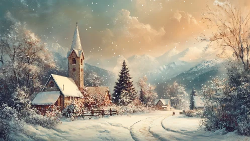 Snow-covered village church in glowing alpine sunset.