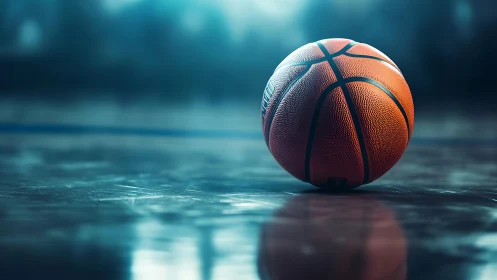 Basketball resting on polished indoor court under lights.