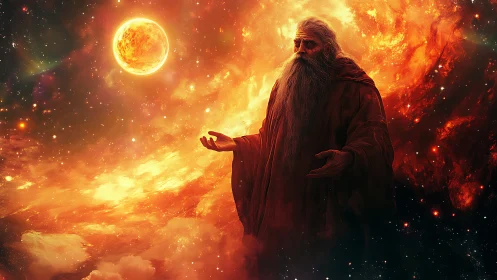 Cosmic elder before burning star in nebular inferno field