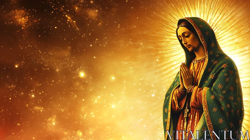 Radiant robed figure in golden celestial field with radial halo