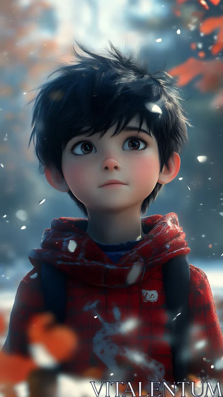 Young boy in red hoodie looking up in soft winter light.