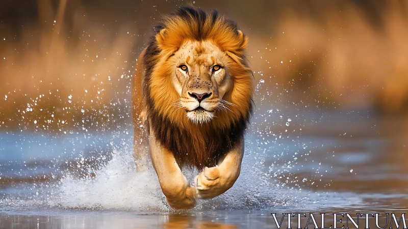 Hydrodynamic sprint of male lion captured in telephoto precision.