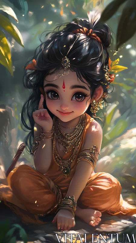 Forest-sparked child goddess in marigold silk sunlight.
