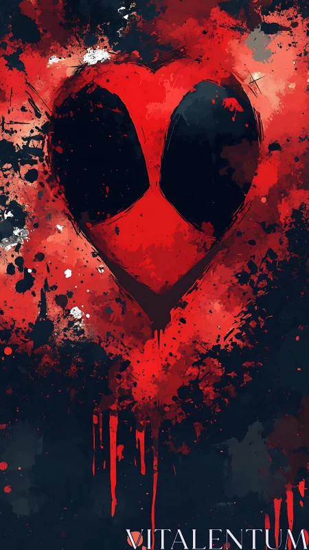 Grunge heart mask in dripping red abstract splatter art.