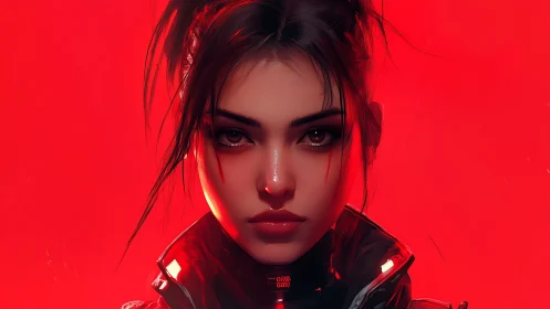 Cyberpunk portrait of a resolute woman in neon red field.