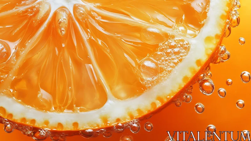 High-magnification orange slice submerged in carbonated liquid