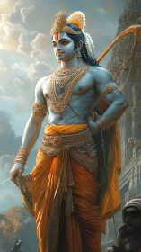 Mythological archer figure in ornate attire outdoors.