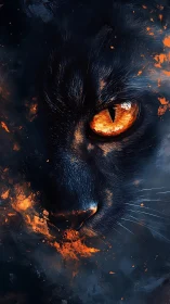 Feline ember gaze within smoldering abstract darkness.
