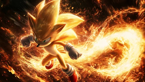 Blazing golden hedgehog hero races through a swirling firestorm