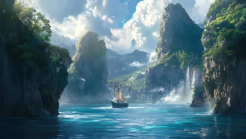 Towering Cliffs Frame a Sailboat in Turquoise Lagoon
