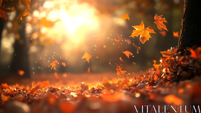 Backlit autumn leaves in shallow depth, volumetric light bloom