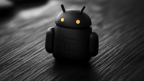 Minimalist black robot figurine glows softly on dark wood