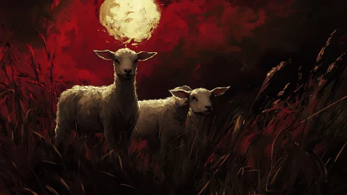 Two lambs in tall grass under intense red night sky.