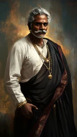 Regal elder in traditional Indian attire exudes dignified strength.