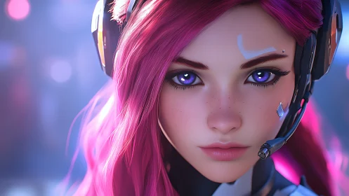Pink haired gamer portrait with headset in neon environment.