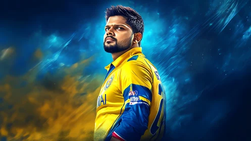 Cricket player posed in bold yellow kit against glowing sky.