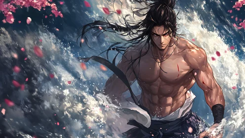 Dynamic samurai warrior amid storm-tossed ocean spray panorama.